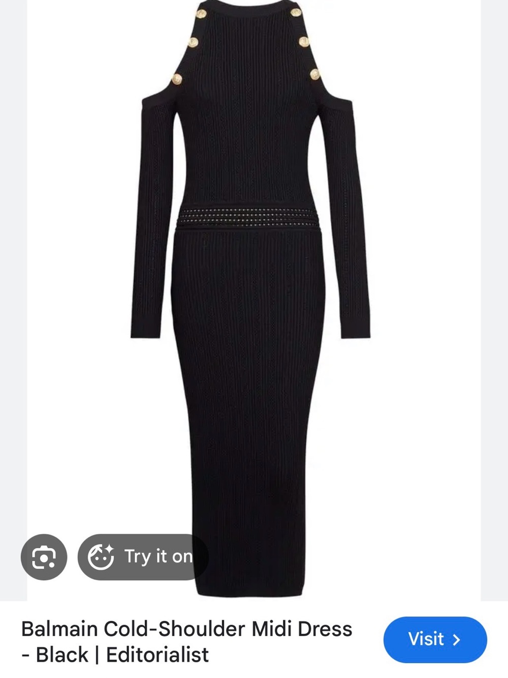 Balmain Black Cold-Shoulder Ribbed Midi Dress with Gold Buttons